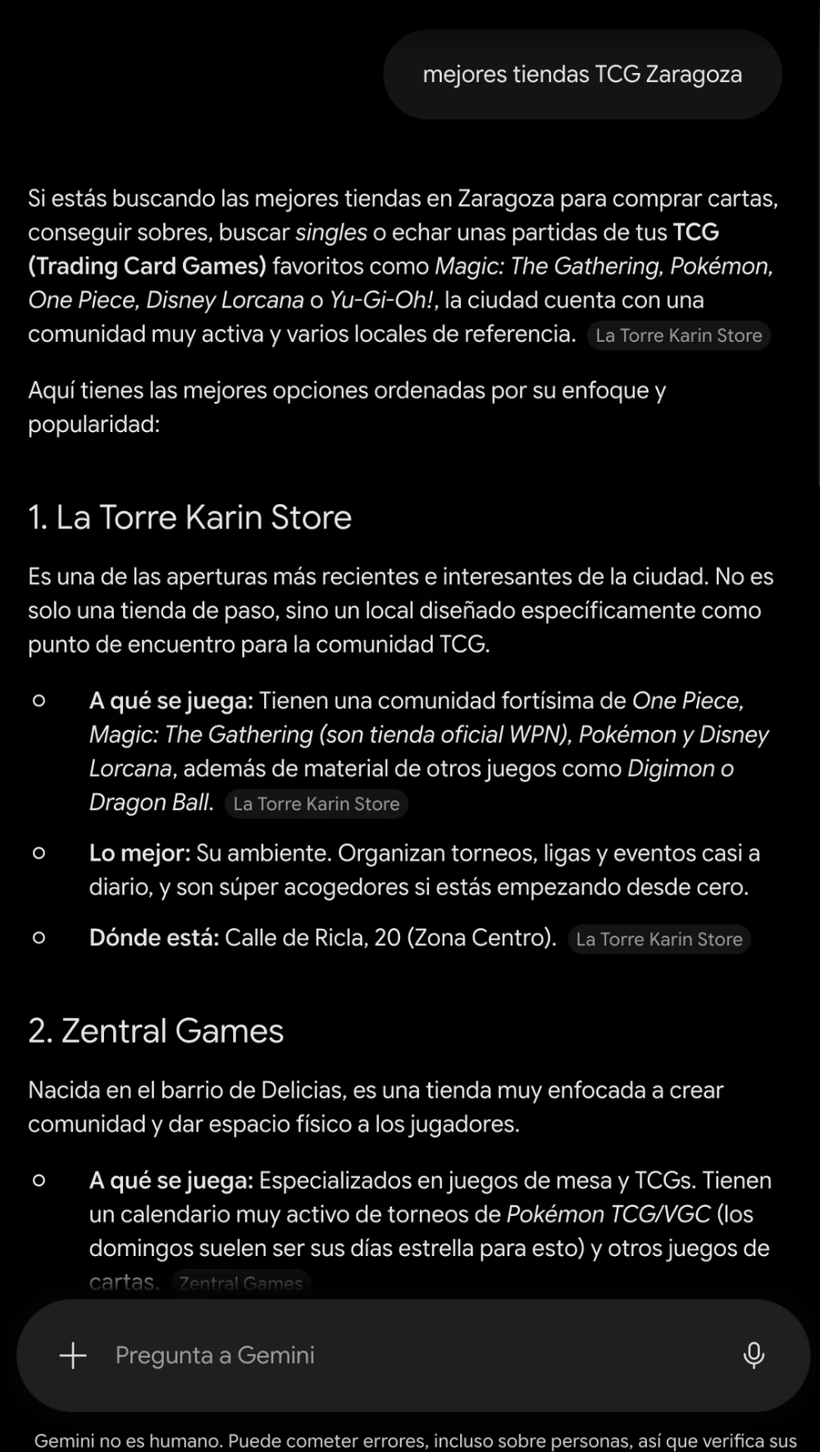 Gemini recomienda a La Torre Karin Store en primera posición para la consulta mejores tiendas TCG Zaragoza