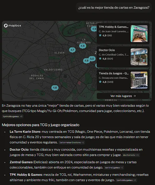 Captura de Perplexity: respuesta a la consulta ¿cuál es la mejor tienda de cartas en Zaragoza?, con La Torre Karin Store citada